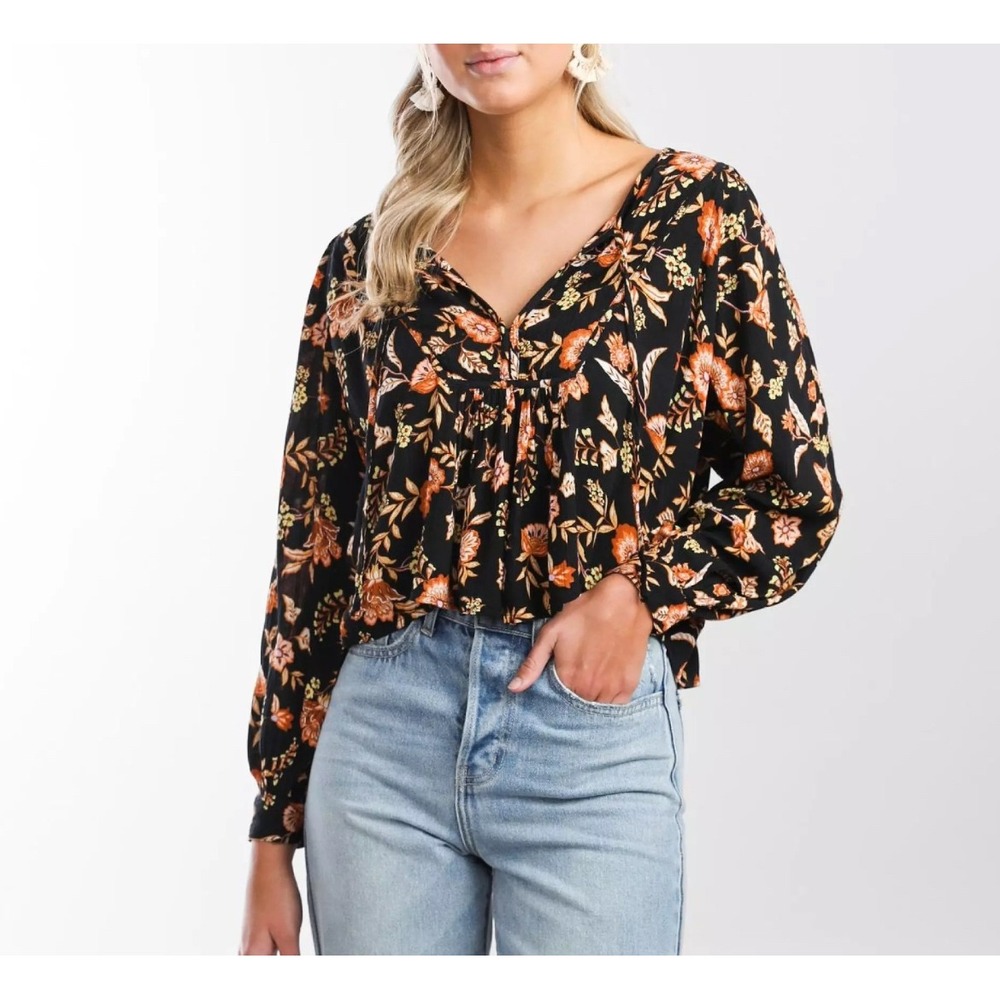 Billabong Floral Print Blouse Small Keyhole Long Sleeve black boho cottage fairy
